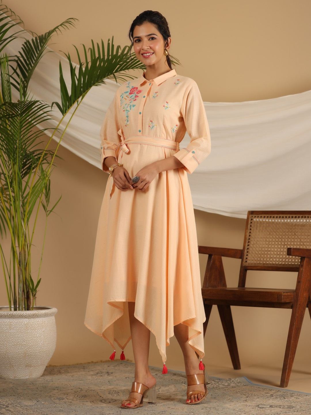 Juniper Peach Fit & Flare Belted Asymmetrical Maxi Dress With Floral Thread Embroidery - Distacart