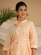 Juniper Peach Fit & Flare Belted Asymmetrical Maxi Dress With Floral Thread Embroidery - Distacart