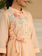 Juniper Peach Fit & Flare Belted Asymmetrical Maxi Dress With Floral Thread Embroidery - Distacart