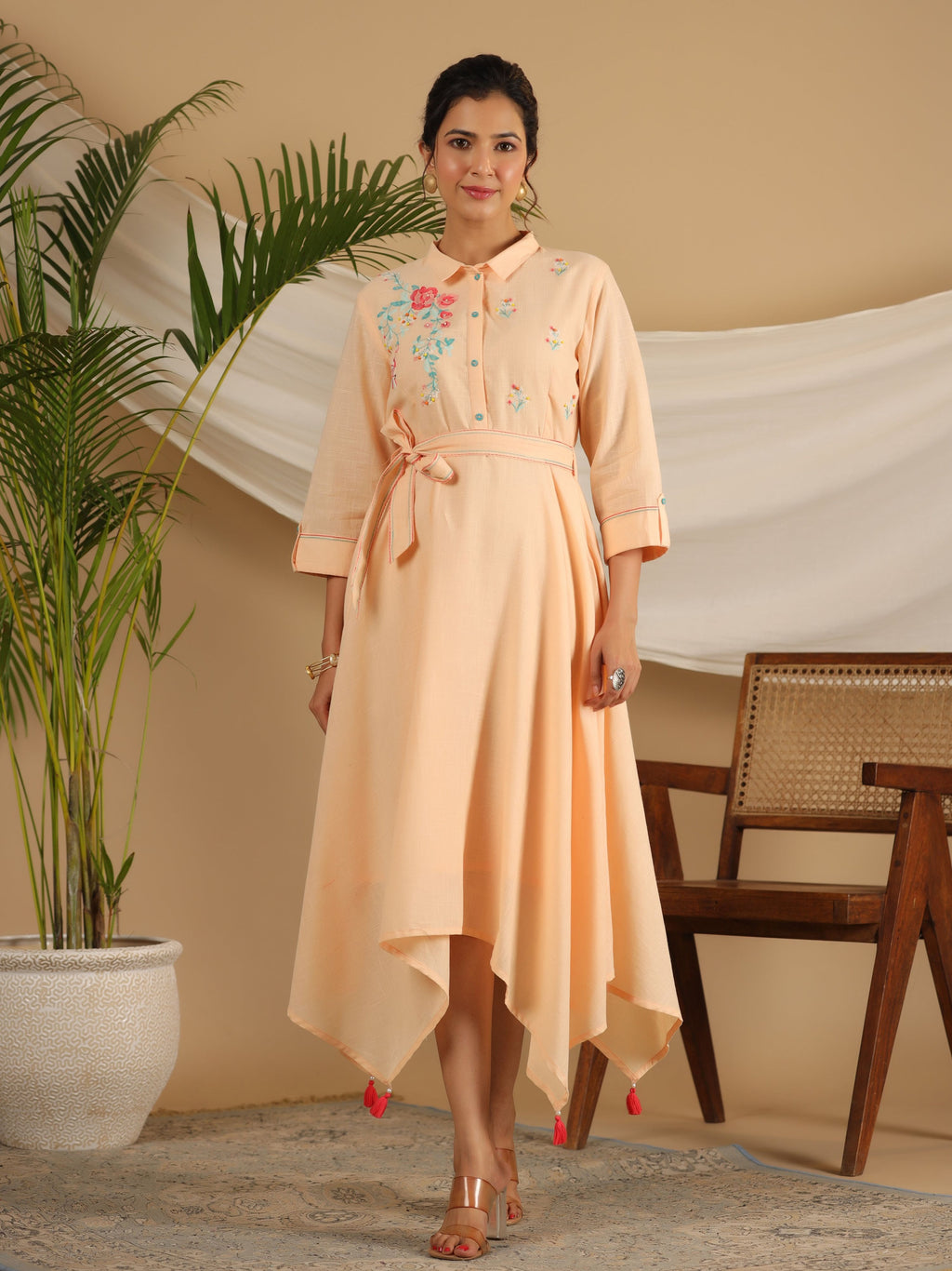 Juniper Peach Fit & Flare Belted Asymmetrical Maxi Dress With Floral Thread Embroidery - Distacart