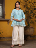 Juniper Sky Blue Solid Peplum Lacy Keyhole Neckline Tunic With Lining