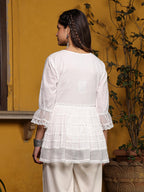 Juniper White Solid Peplum Lacy Keyhole Neckline Tunic With Lining