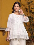Juniper White Solid Peplum Lacy Keyhole Neckline Tunic With Lining