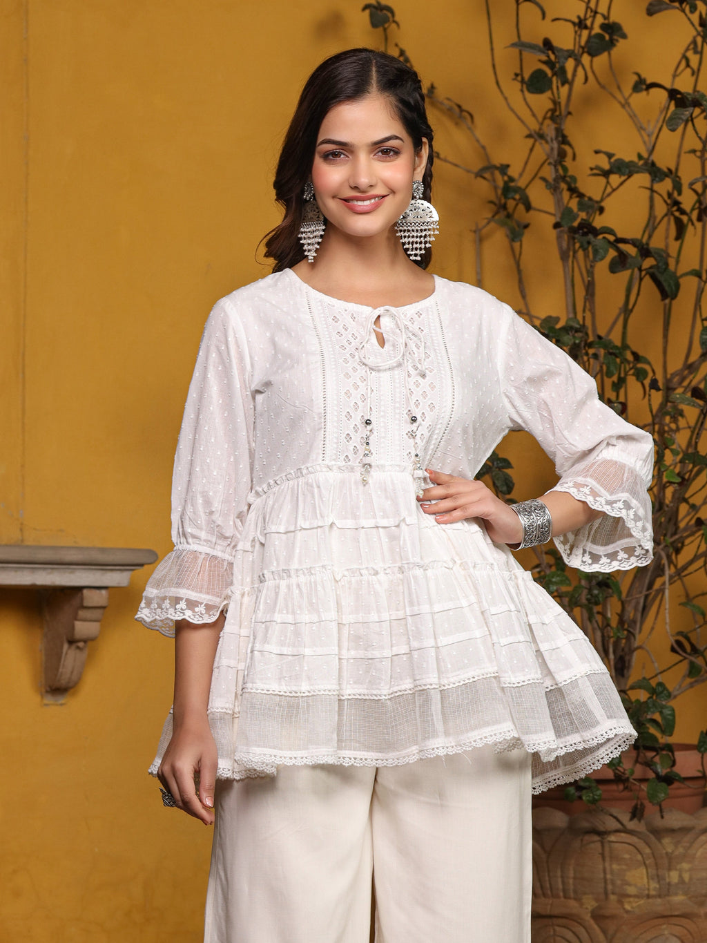 Juniper White Solid Peplum Lacy Keyhole Neckline Tunic With Lining