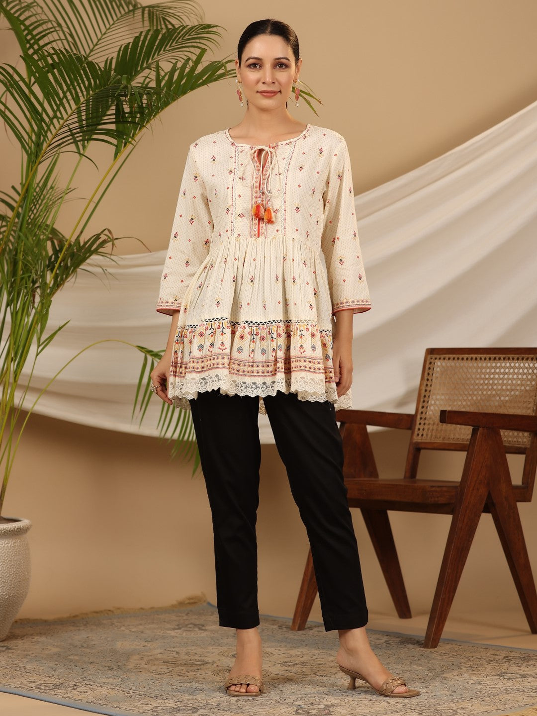 Juniper Women's Ivory Geometric Printed Rayon Tunic With Beads & Sequins