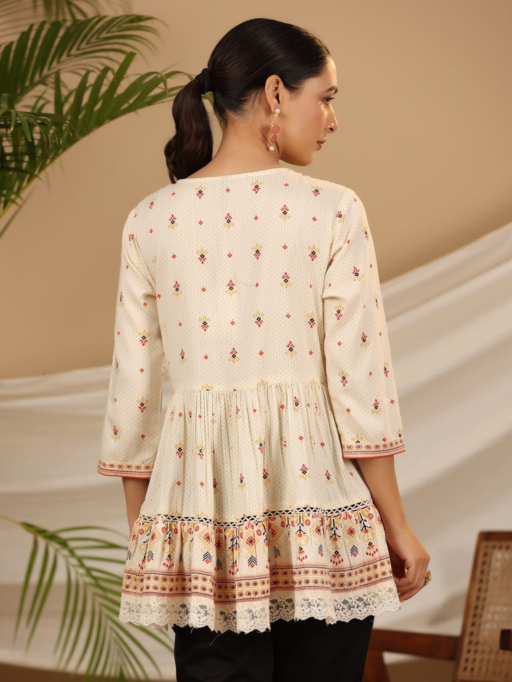 Juniper Women's Ivory Geometric Printed Rayon Tunic With Beads & Sequins