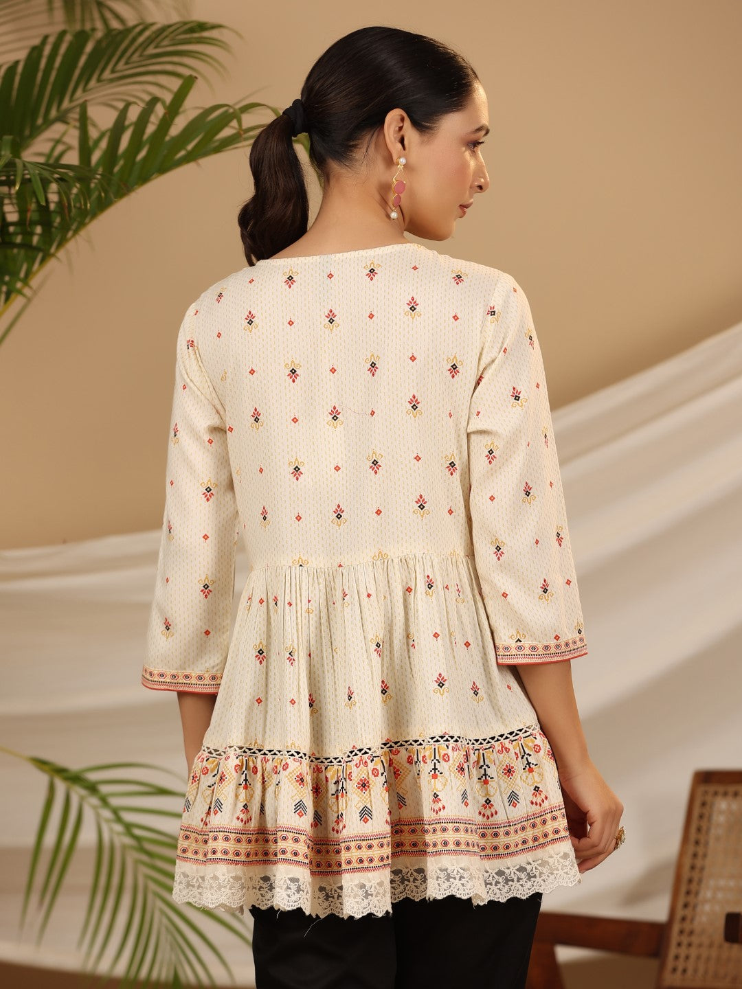 Juniper Women's Ivory Geometric Printed Rayon Tunic With Beads & Sequins