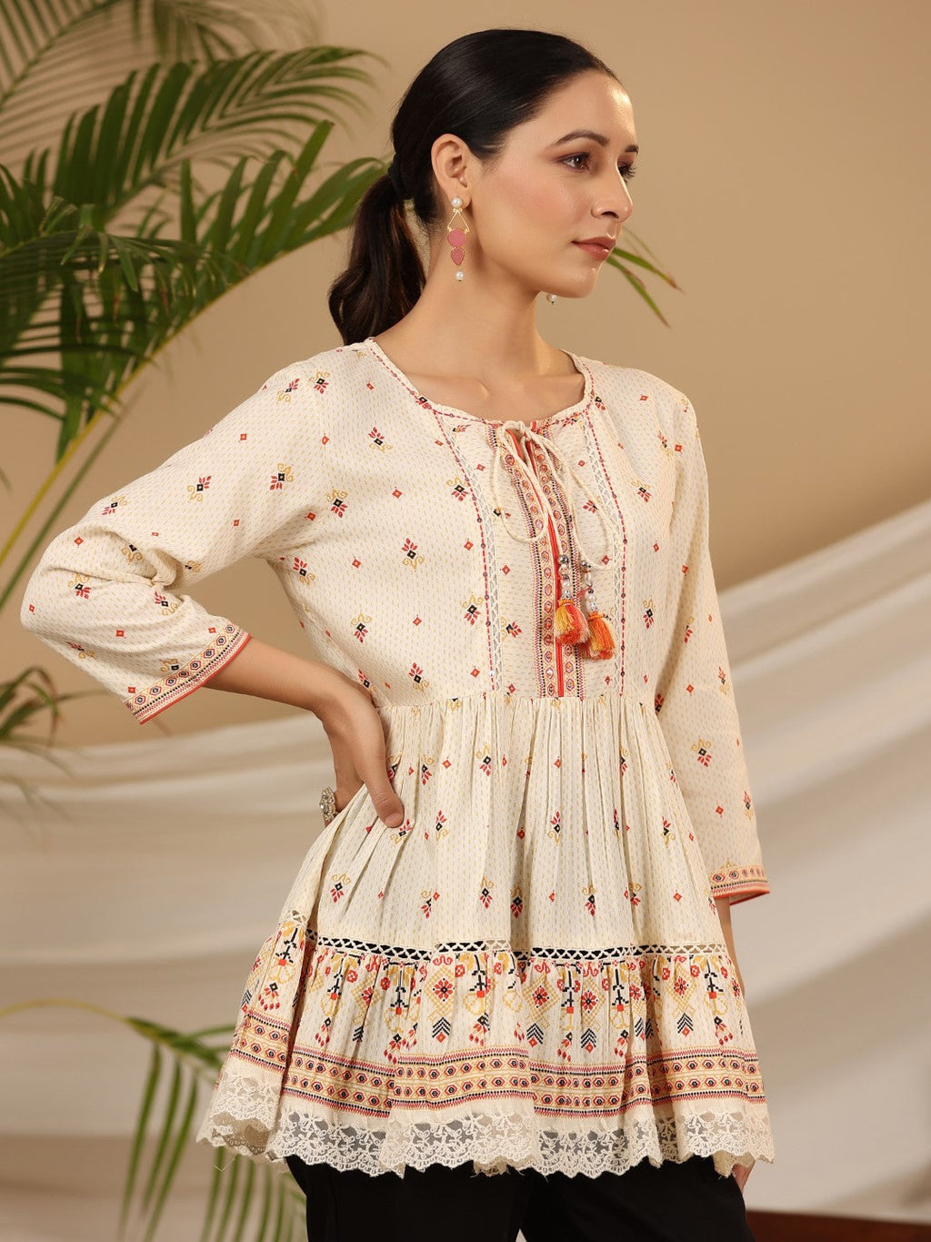 Juniper Women's Ivory Geometric Printed Rayon Tunic With Beads & Sequins