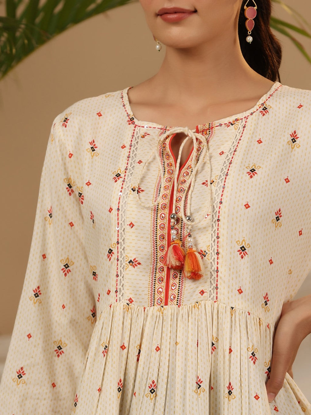 Juniper Women's Ivory Geometric Printed Rayon Tunic With Beads & Sequins