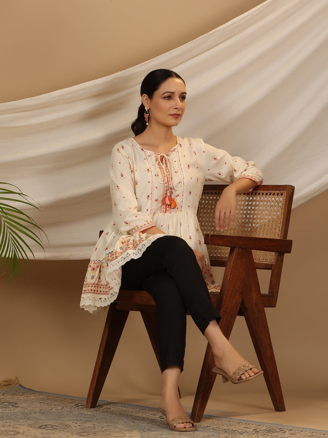 Juniper Women's Ivory Geometric Printed Rayon Tunic With Beads & Sequins