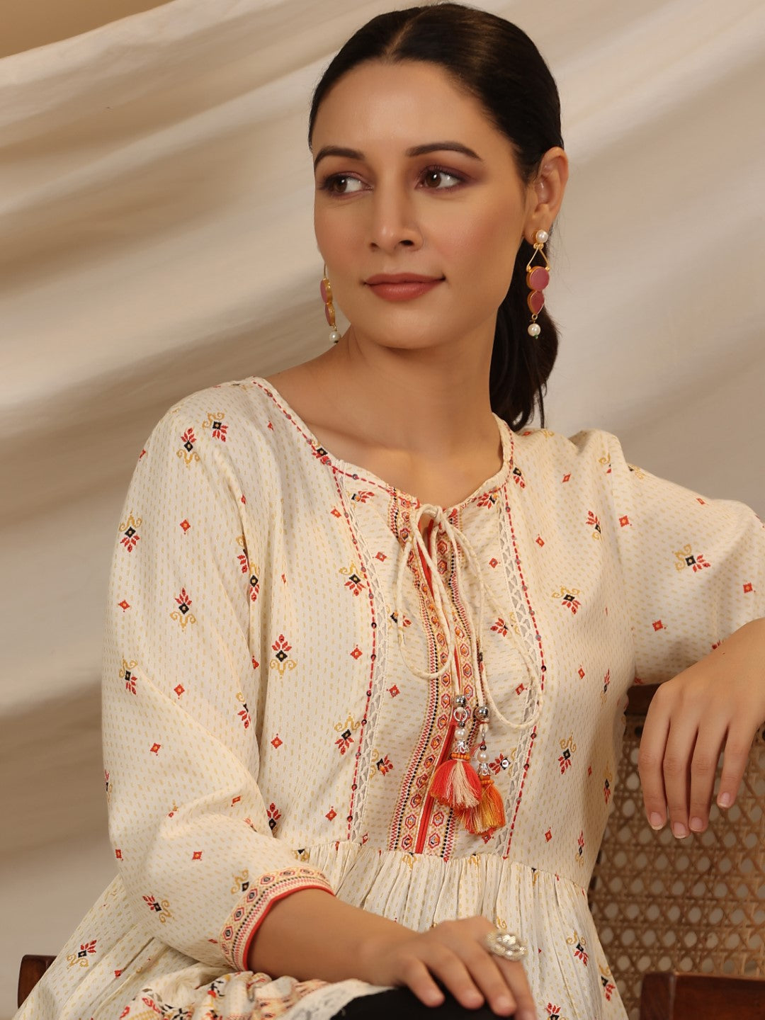 Juniper Women's Ivory Geometric Printed Rayon Tunic With Beads & Sequins