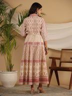 Juniper Ivory Cotton Geometric Printed Fit & Flare Maxi Dress With Contrast Beads & Sequins - Distacart