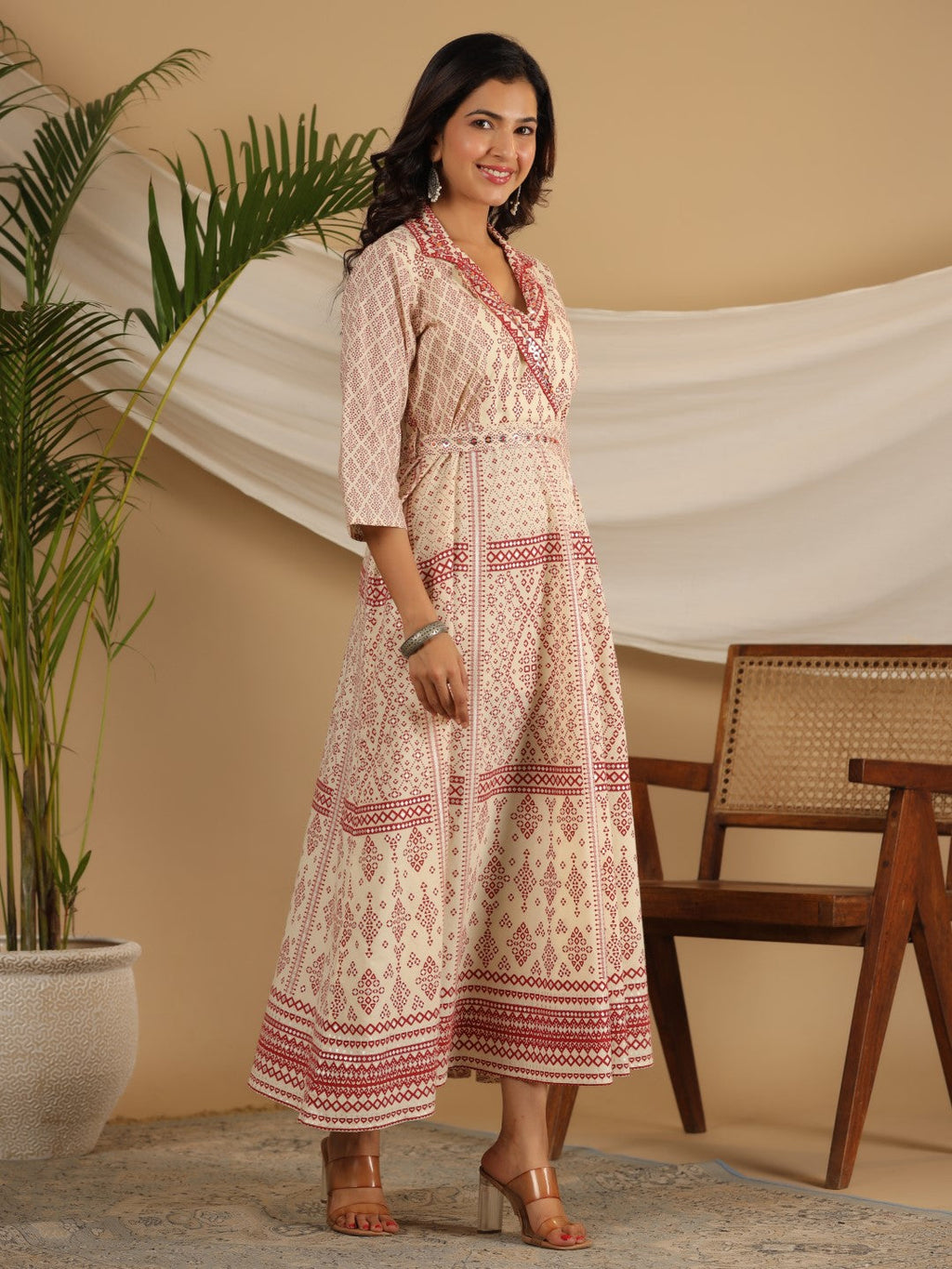 Juniper Ivory Cotton Geometric Printed Fit & Flare Maxi Dress With Contrast Beads & Sequins - Distacart