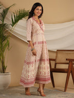 Juniper Ivory Cotton Geometric Printed Fit & Flare Maxi Dress With Contrast Beads & Sequins - Distacart