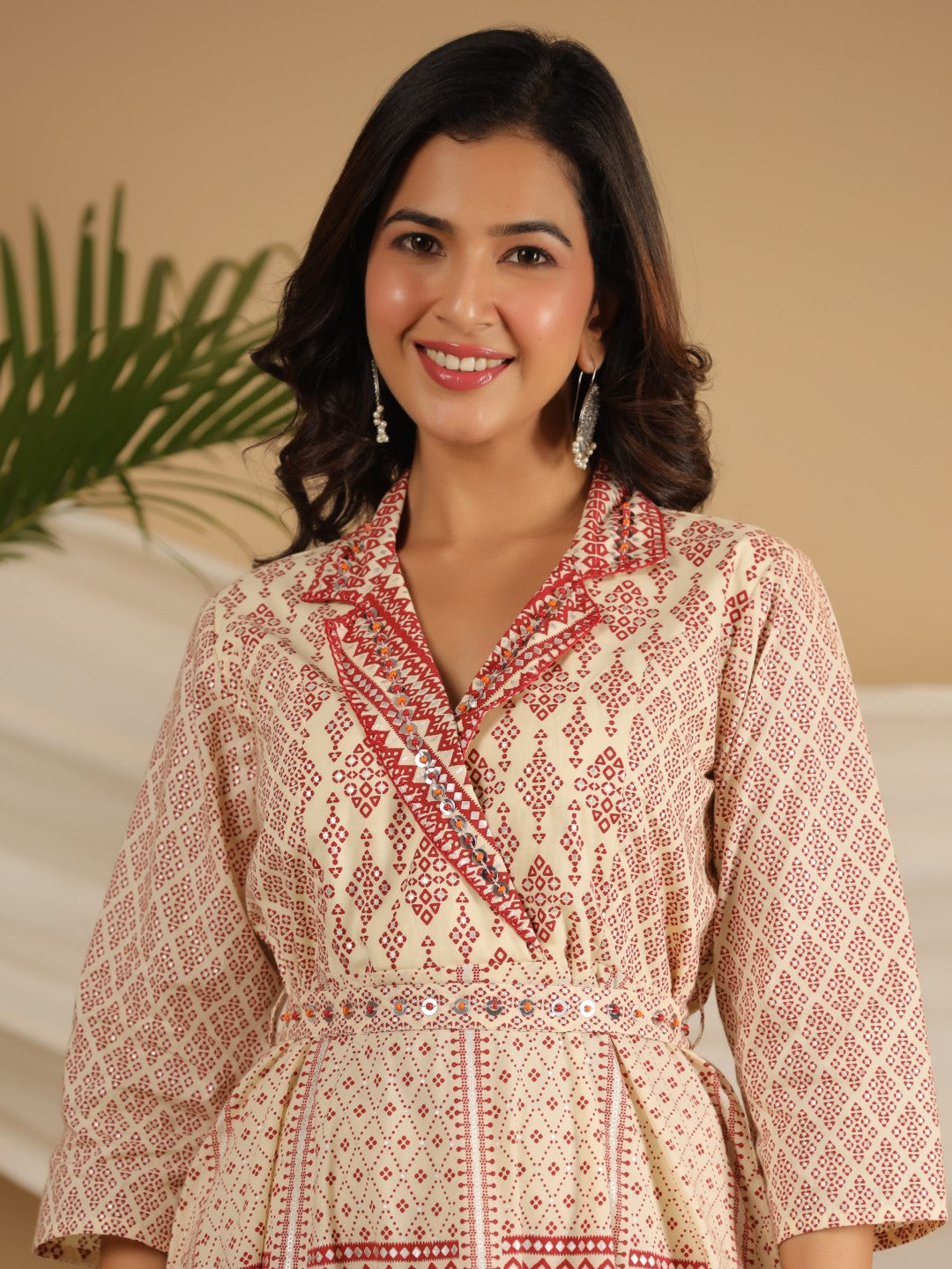Juniper Ivory Cotton Geometric Printed Fit & Flare Maxi Dress With Contrast Beads & Sequins - Distacart