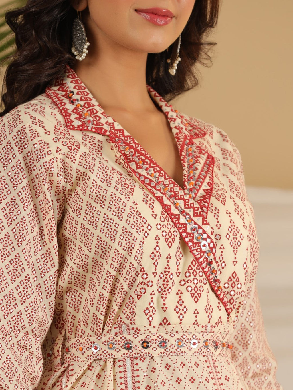 Juniper Ivory Cotton Geometric Printed Fit & Flare Maxi Dress With Contrast Beads & Sequins - Distacart
