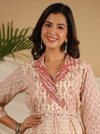 Juniper Ivory Cotton Geometric Printed Fit & Flare Maxi Dress With Contrast Beads & Sequins - Distacart