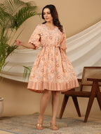 Juniper Peach Floral Printed Pure Cotton Short Dress With Belt & Beads Work - Distacart