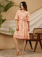Juniper Peach Floral Printed Pure Cotton Short Dress With Belt & Beads Work - Distacart