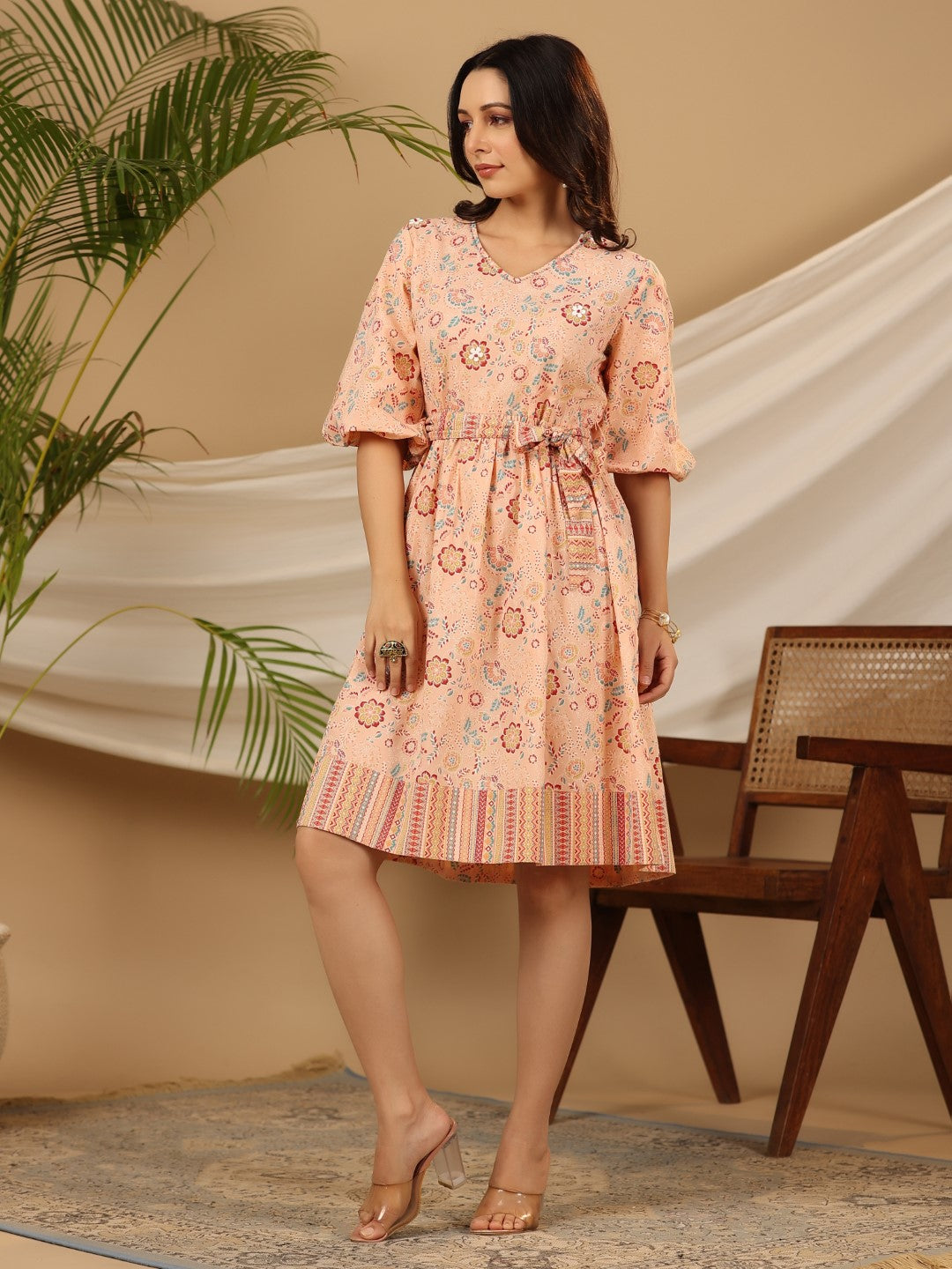 Juniper Peach Floral Printed Pure Cotton Short Dress With Belt & Beads Work - Distacart