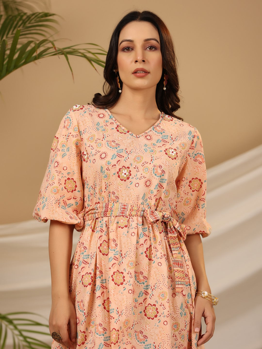 Juniper Peach Floral Printed Pure Cotton Short Dress With Belt & Beads Work - Distacart