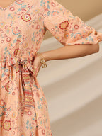 Juniper Peach Floral Printed Pure Cotton Short Dress With Belt & Beads Work - Distacart