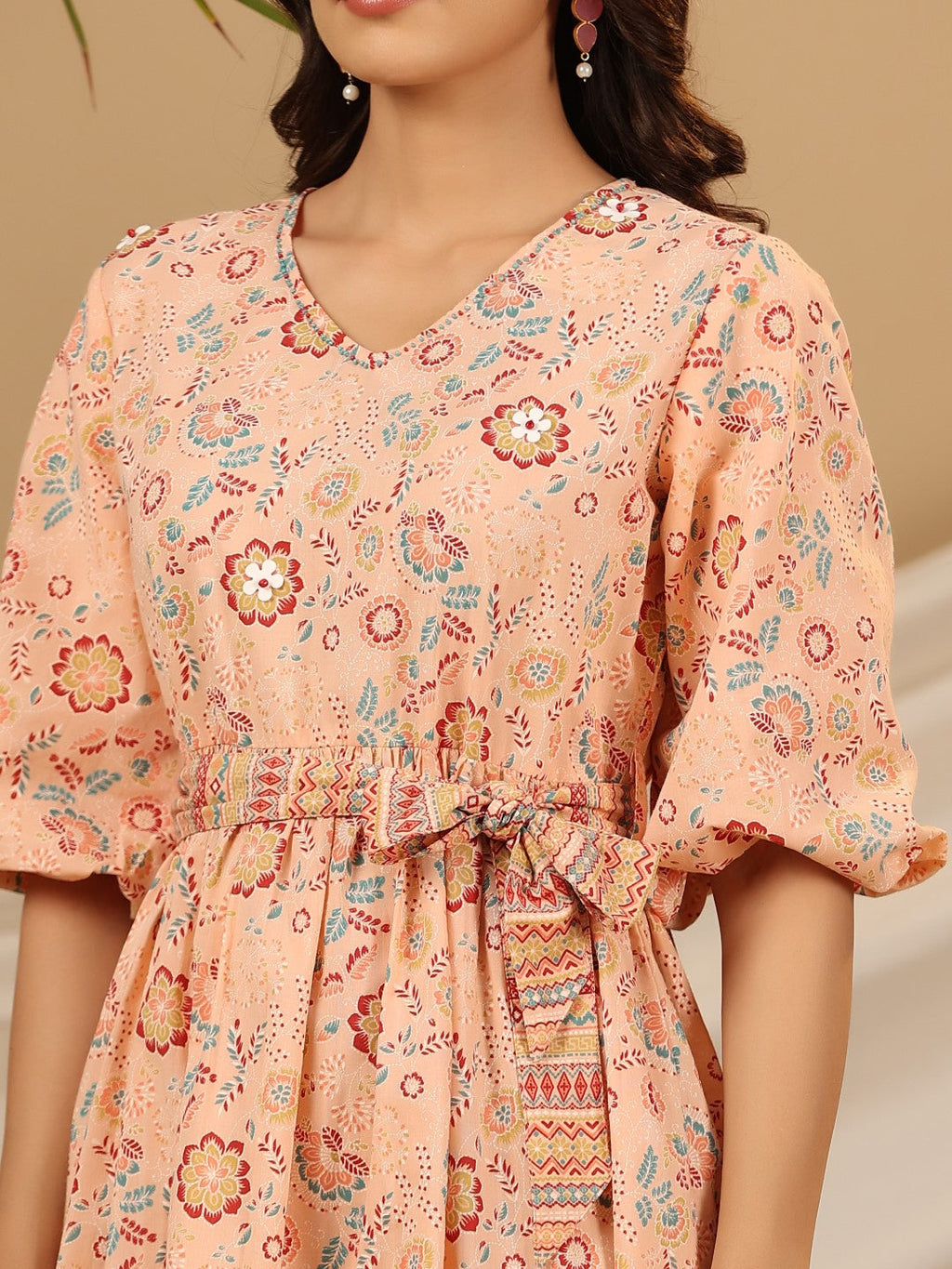 Juniper Peach Floral Printed Pure Cotton Short Dress With Belt & Beads Work - Distacart