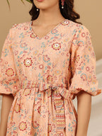 Juniper Peach Floral Printed Pure Cotton Short Dress With Belt & Beads Work - Distacart