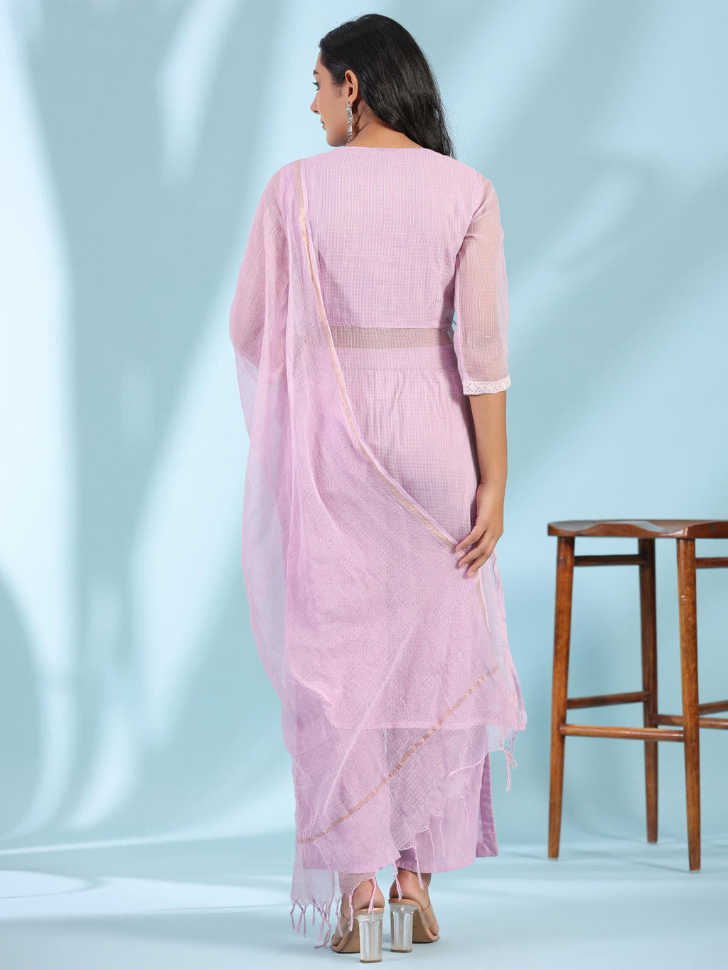 Juniper Women's Lilac Floral Printed pure Cotton Kurta Palazzos & Kota Doria Dupatta With Beads Work