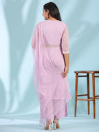 Juniper Women's Lilac Floral Printed pure Cotton Kurta Palazzos & Kota Doria Dupatta With Beads Work