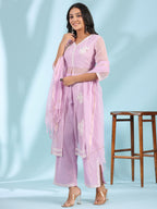 Juniper Women's Lilac Floral Printed pure Cotton Kurta Palazzos & Kota Doria Dupatta With Beads Work