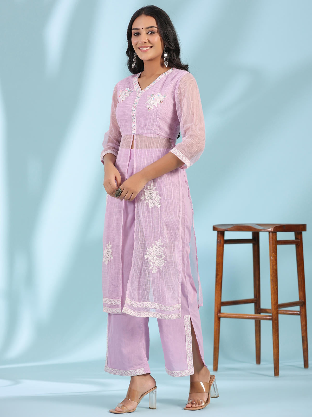 Juniper Women's Lilac Floral Printed pure Cotton Kurta Palazzos & Kota Doria Dupatta With Beads Work