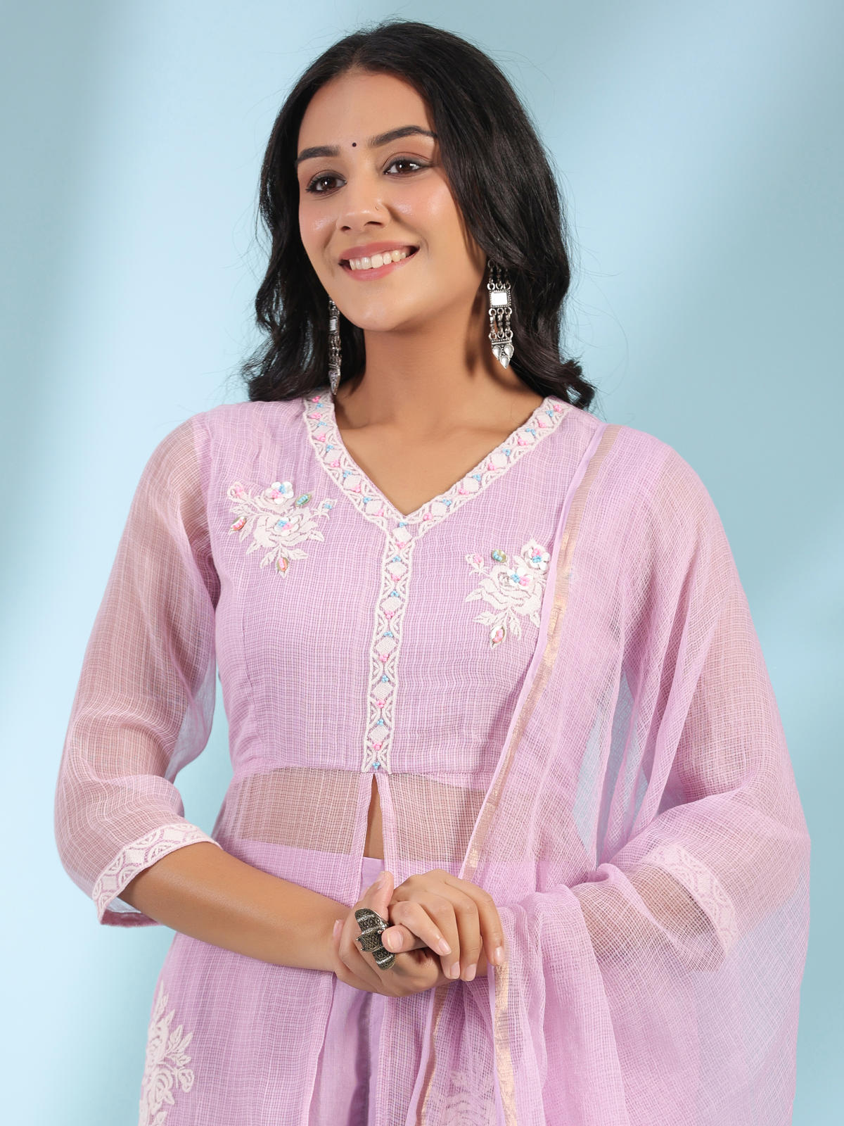 Juniper Women's Lilac Floral Printed pure Cotton Kurta Palazzos & Kota Doria Dupatta With Beads Work