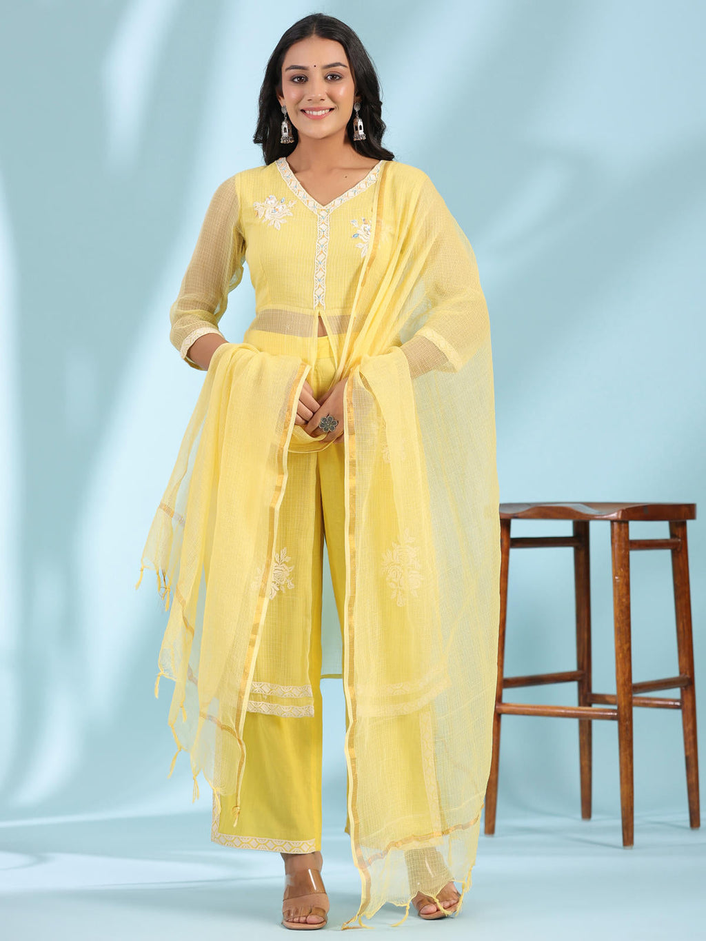 Juniper Women's Yellow Floral Printed pure Cotton Kurta Palazzos & Kota Doria Dupatta With Beads Work