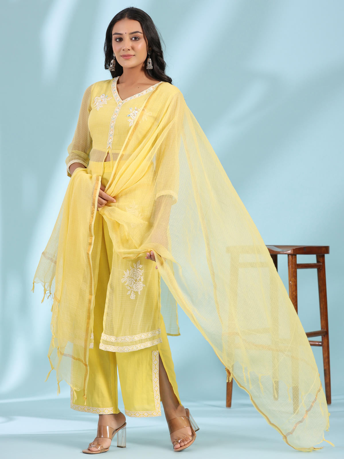 Juniper Women's Yellow Floral Printed pure Cotton Kurta Palazzos & Kota Doria Dupatta With Beads Work