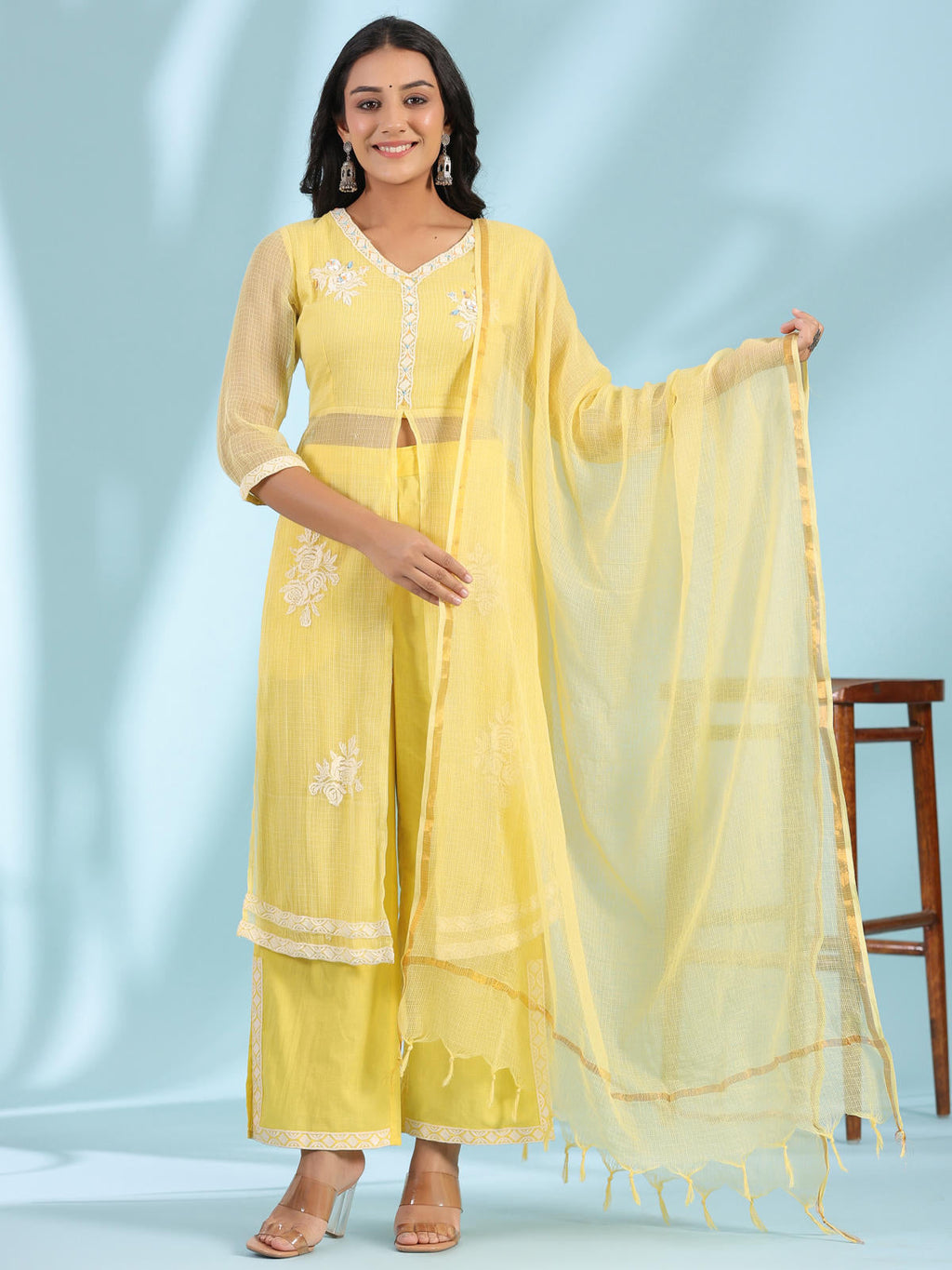 Juniper Women's Yellow Floral Printed pure Cotton Kurta Palazzos & Kota Doria Dupatta With Beads Work