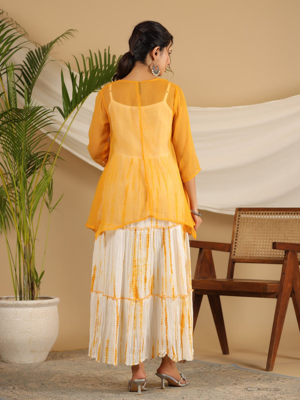 Juniper Mustard Tie-Dye Tiered & Layered Pure Cotton Dress With Mirror Work Embroidery - Distacart