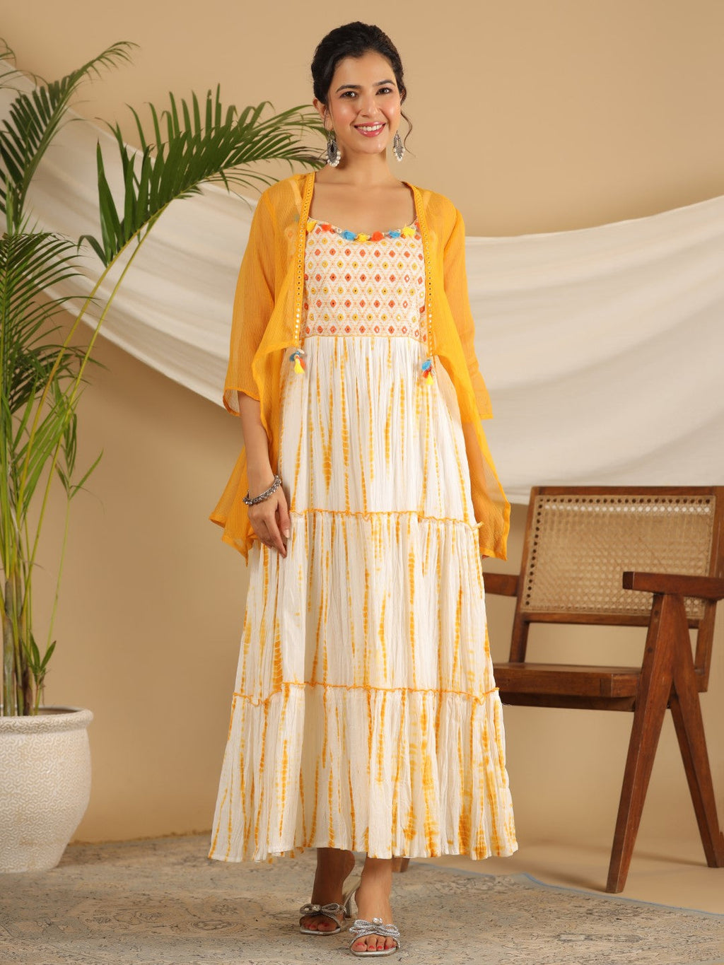 Juniper Mustard Tie-Dye Tiered & Layered Pure Cotton Dress With Mirror Work Embroidery - Distacart