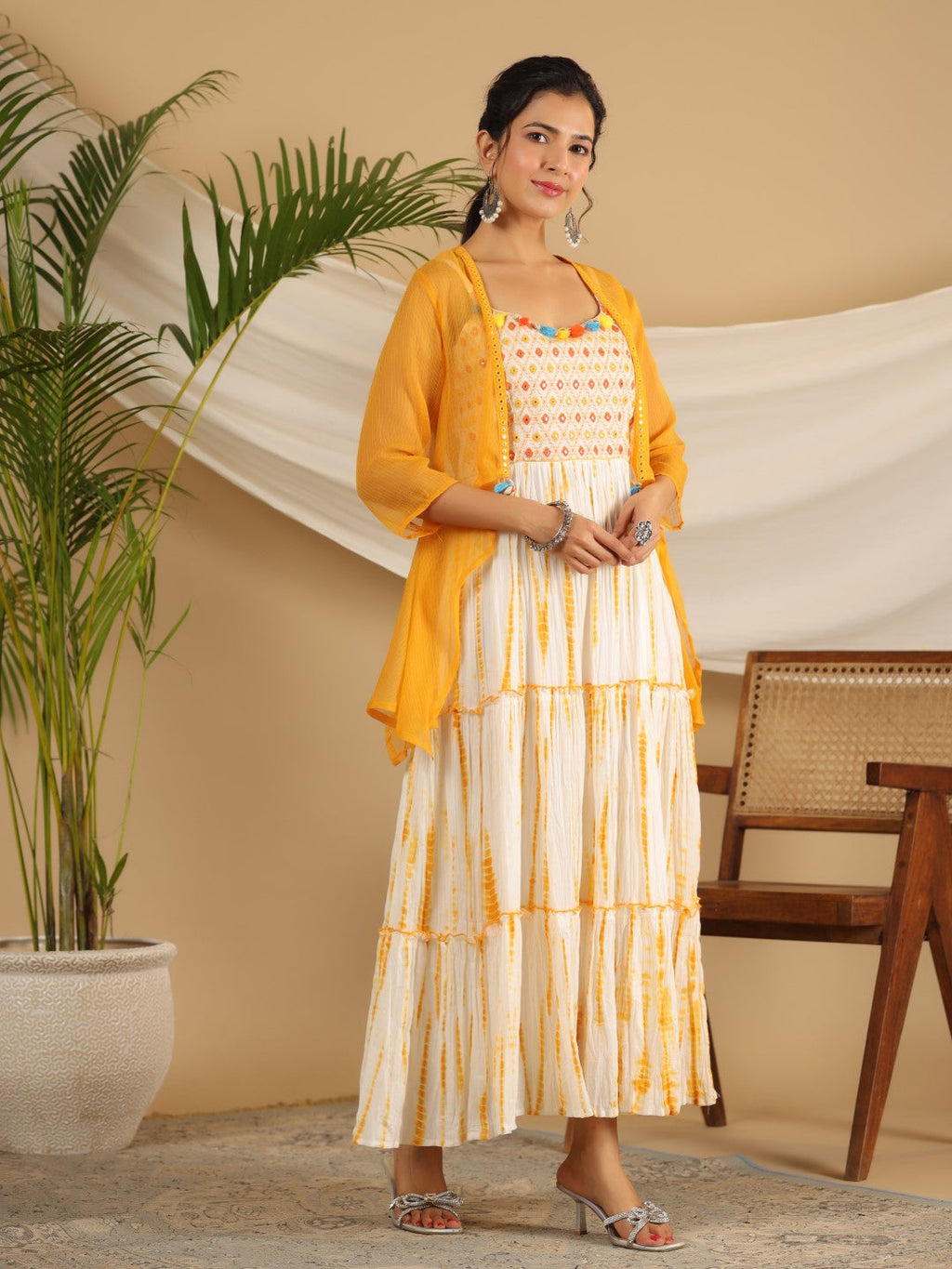 Juniper Mustard Tie-Dye Tiered & Layered Pure Cotton Dress With Mirror Work Embroidery - Distacart