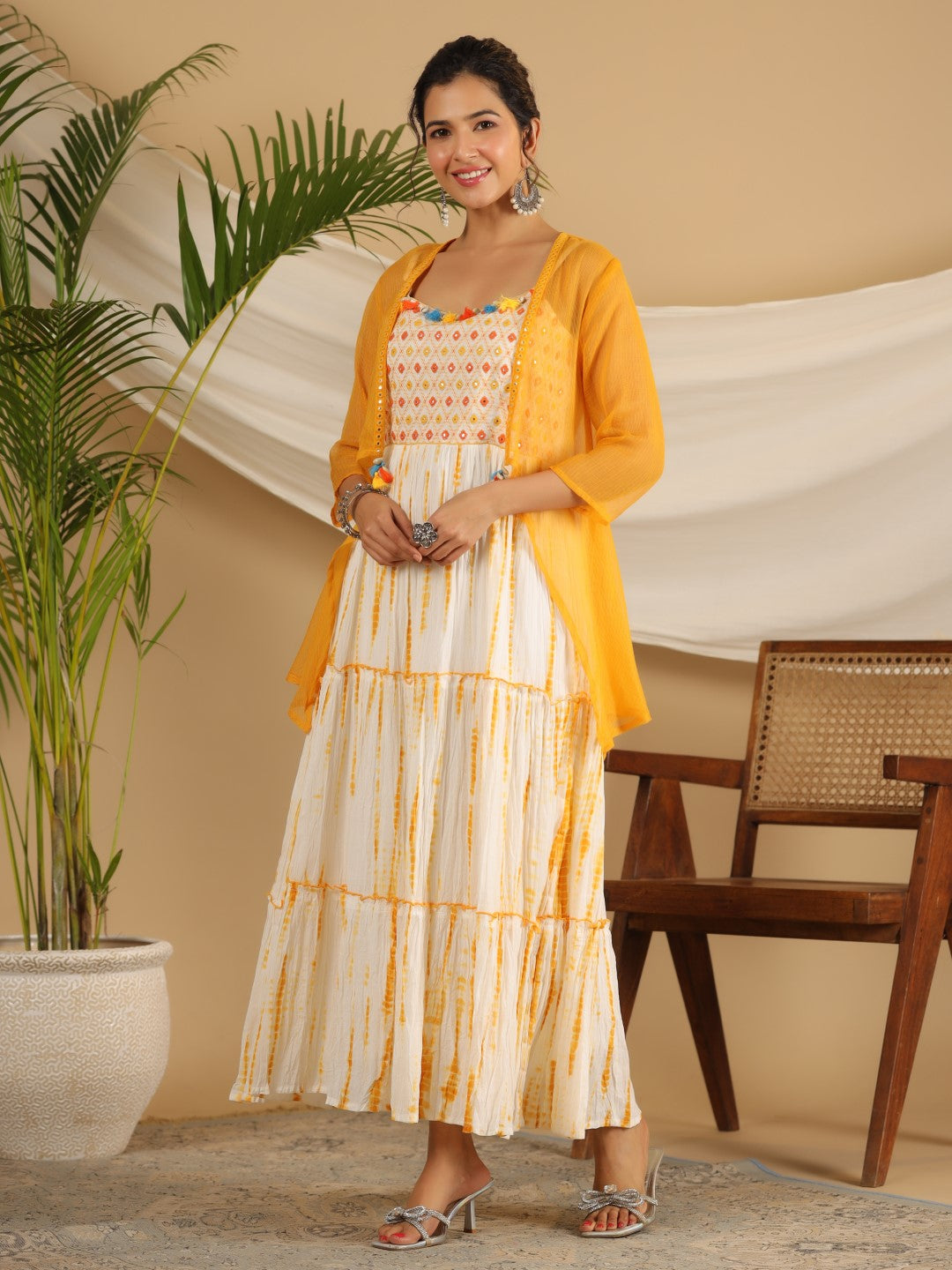 Juniper Mustard Tie-Dye Tiered & Layered Pure Cotton Dress With Mirror Work Embroidery - Distacart