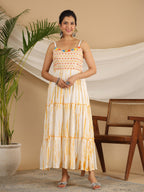 Juniper Mustard Tie-Dye Tiered & Layered Pure Cotton Dress With Mirror Work Embroidery - Distacart