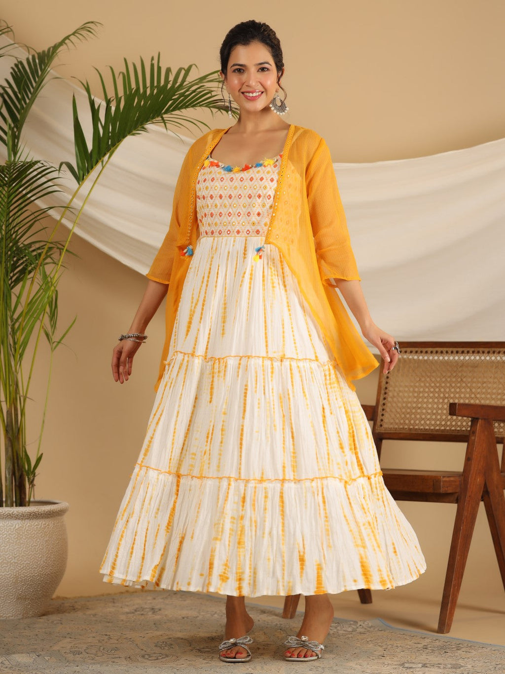 Juniper Mustard Tie-Dye Tiered & Layered Pure Cotton Dress With Mirror Work Embroidery - Distacart