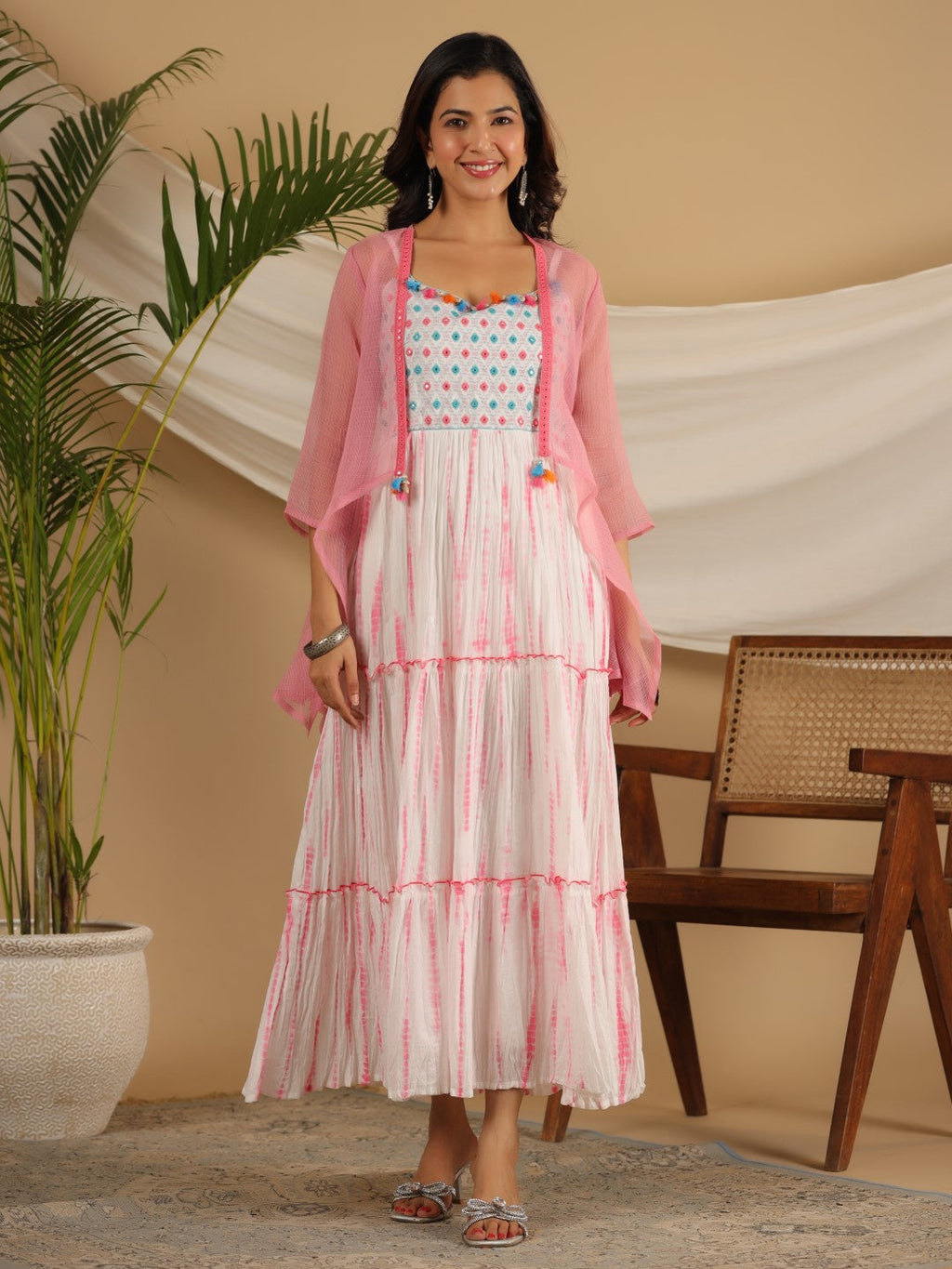 Juniper Pink Geometric Printed Pure Cotton Dress & Kota Doria Dupatta Within Mirror Work. - Distacart