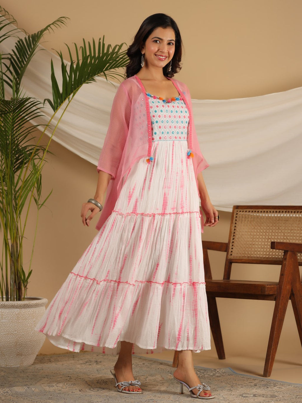Juniper Pink Geometric Printed Pure Cotton Dress & Kota Doria Dupatta Within Mirror Work. - Distacart