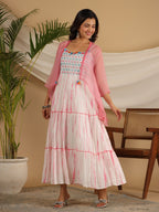 Juniper Pink Geometric Printed Pure Cotton Dress & Kota Doria Dupatta Within Mirror Work. - Distacart