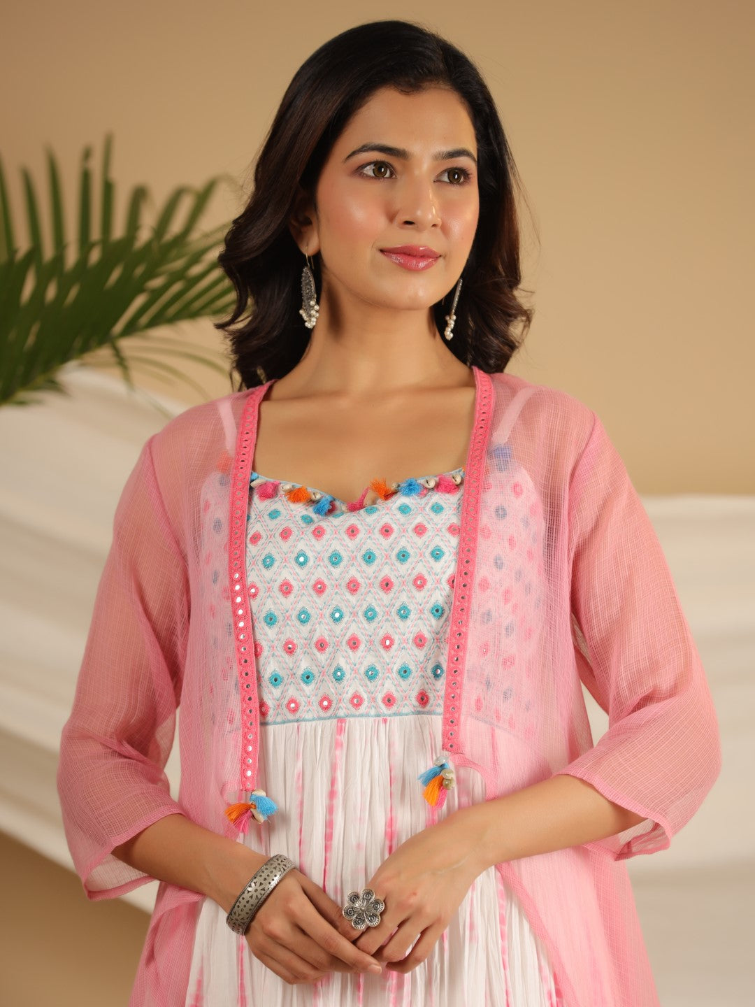 Juniper Pink Geometric Printed Pure Cotton Dress & Kota Doria Dupatta Within Mirror Work. - Distacart