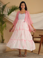 Juniper Pink Geometric Printed Pure Cotton Dress & Kota Doria Dupatta Within Mirror Work. - Distacart