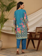 Juniper Blue Floral Printed Rayon Kurta Pants & Dupatta Set With Sequins Work