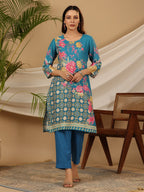 Juniper Blue Floral Printed Rayon Kurta Pants & Dupatta Set With Sequins Work