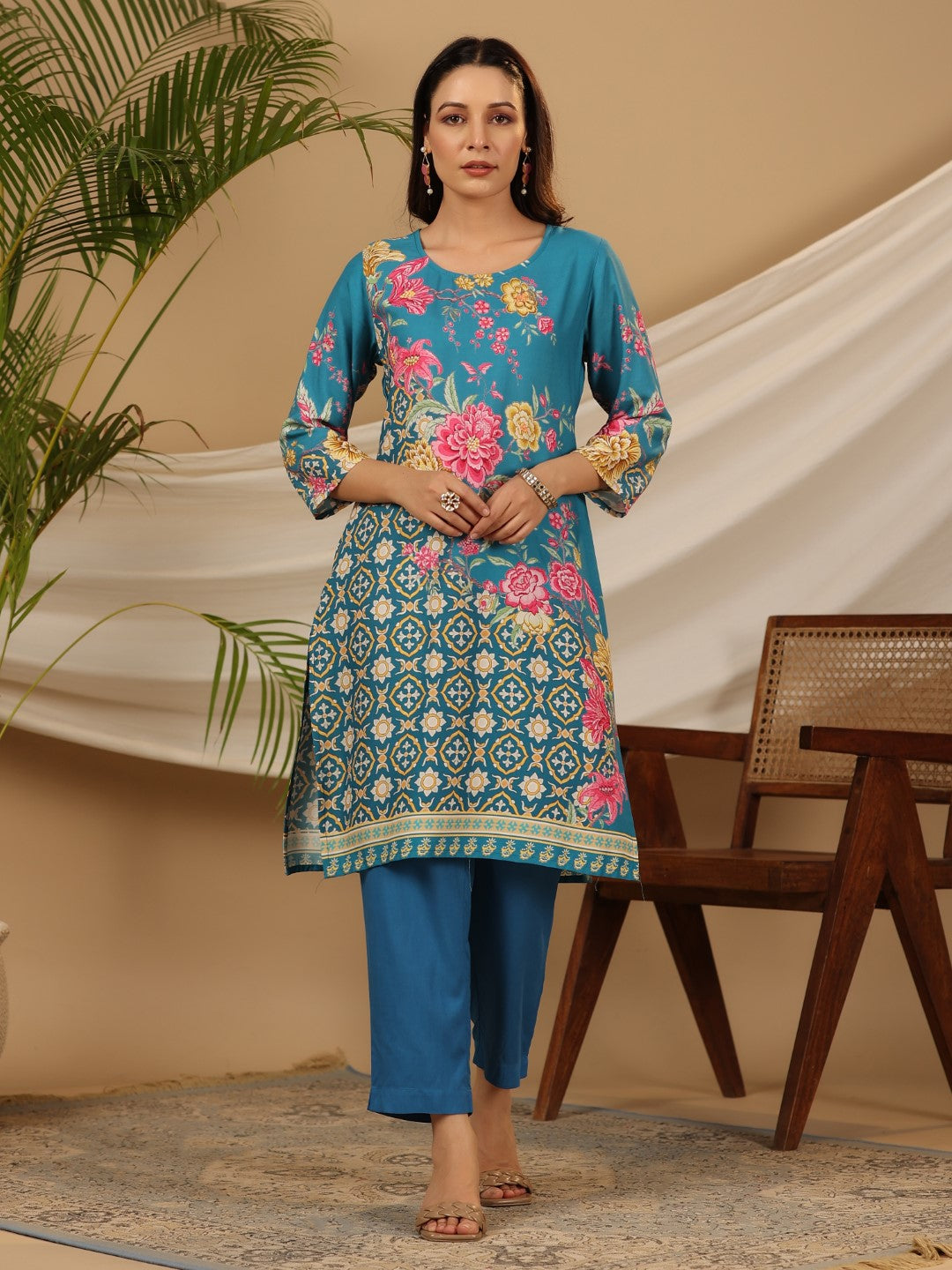Juniper Blue Floral Printed Rayon Kurta Pants & Dupatta Set With Sequins Work